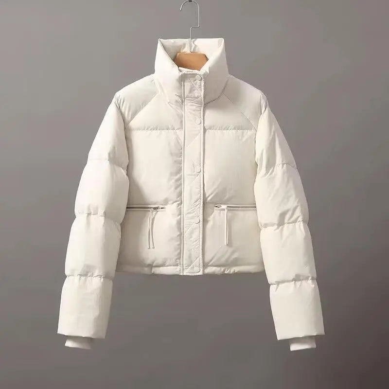 Women's Winter Cropped Puffer Jacket with Zipper Pockets