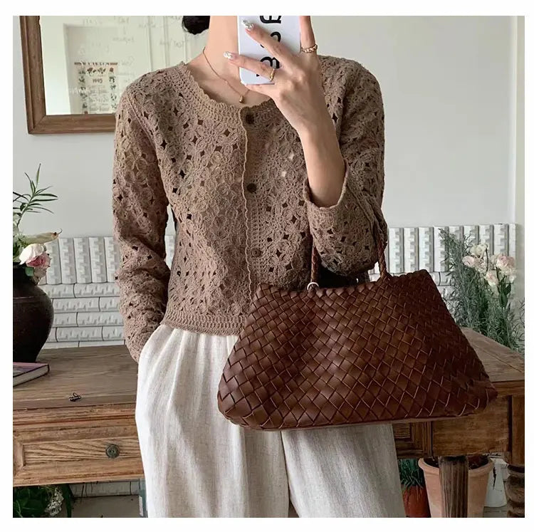 Women Cropped Eyelet Knit Cardigan with Button Front