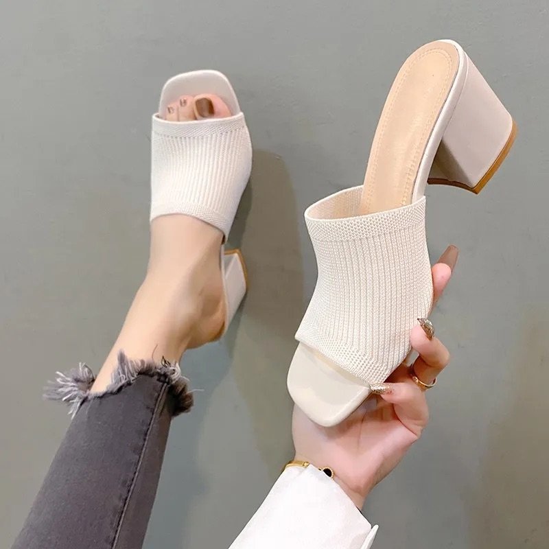 Women's Open-Toe Knit Heels with 3-Inch Block Heel