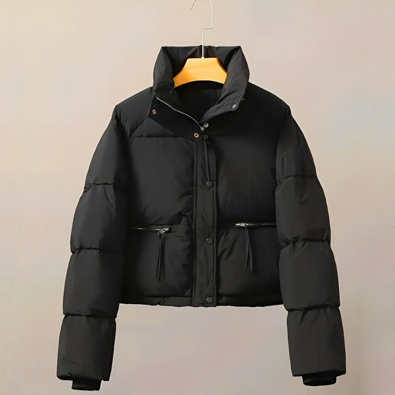 Women's Winter Cropped Puffer Jacket with Zipper Pockets