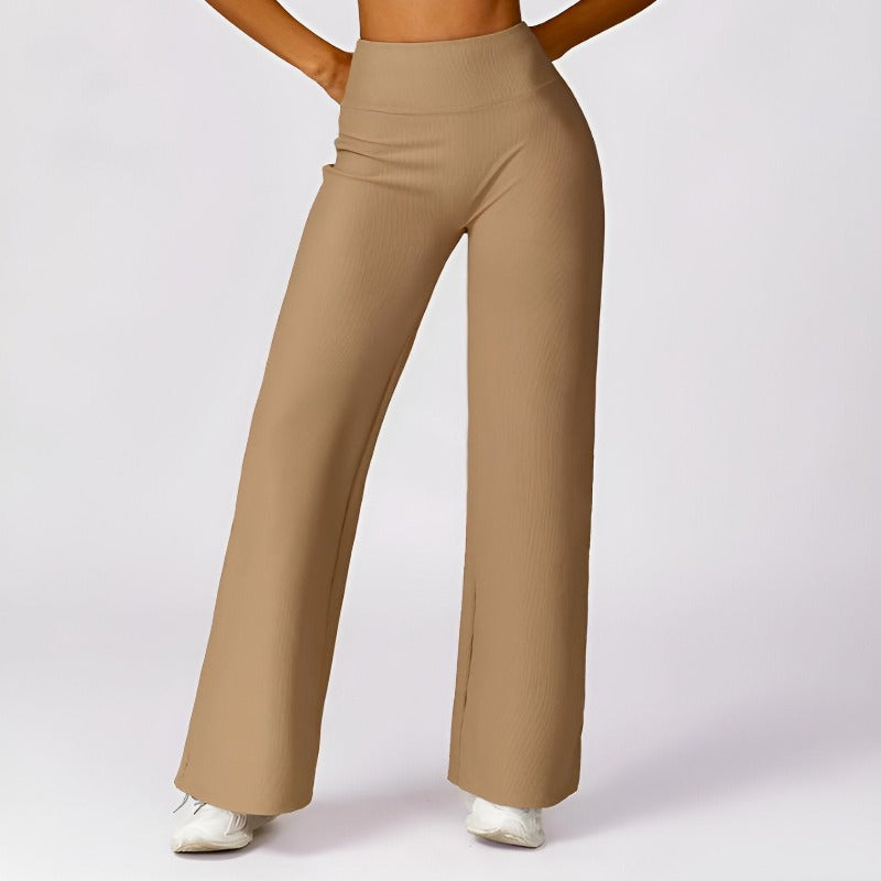Women High-Rise Flare Pants with Three-Layer Waistband & Mesh Lining