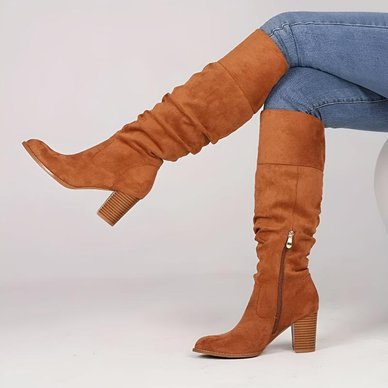 Women's Knee-High Boots with Block Heel Suede Side Zipper