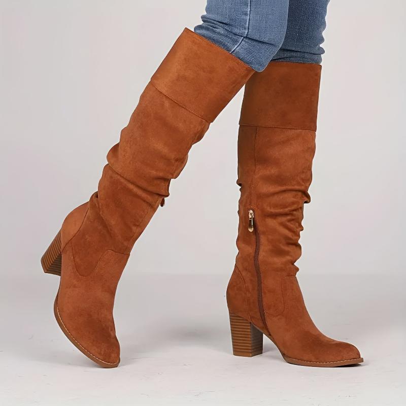Women's Knee-High Boots with Block Heel Suede Side Zipper