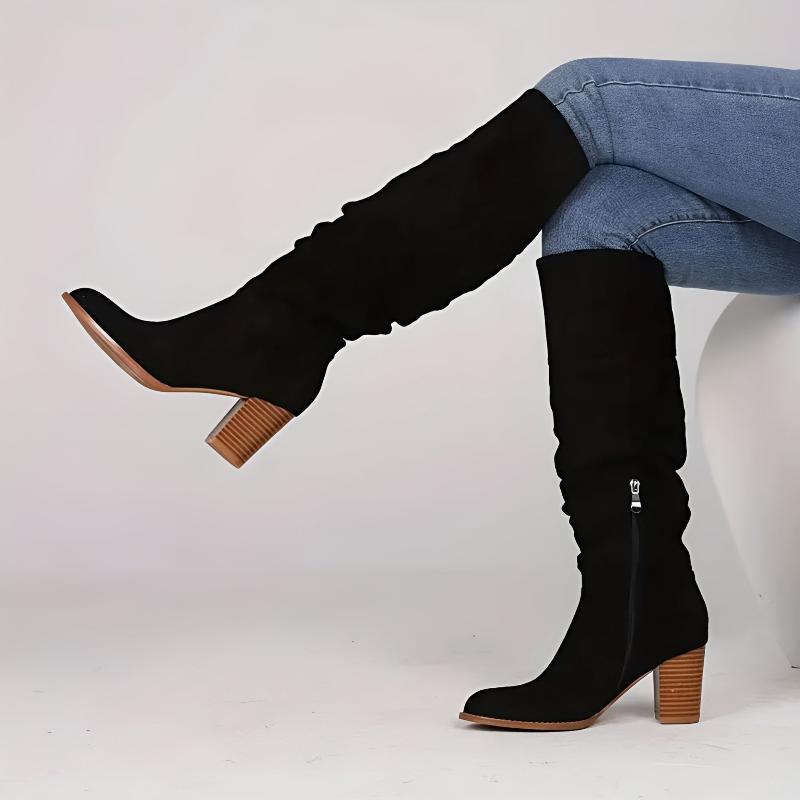 Women's Knee-High Boots with Block Heel Suede Side Zipper