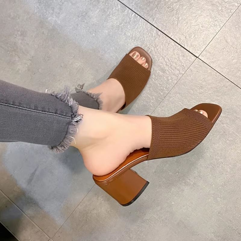 Women's Open-Toe Knit Heels with 3-Inch Block Heel
