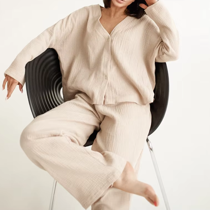 Women's Long Sleeve Shirt and Wide-Leg Pants Lounge Set