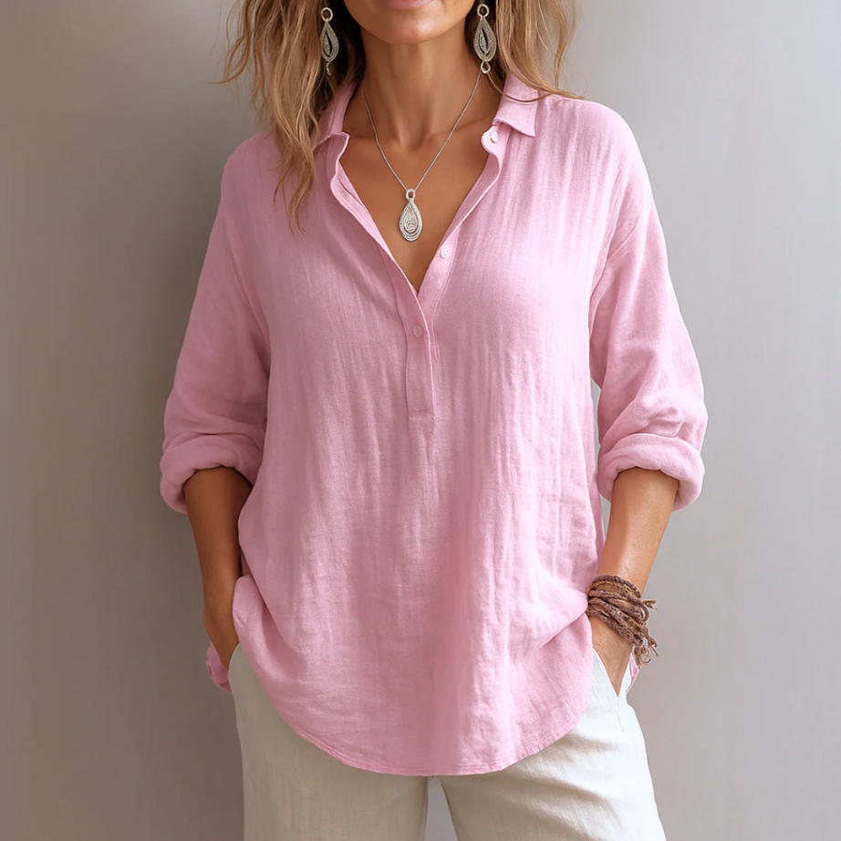 Women's Linen Blouse with Half-Button Front and Relaxed Drape