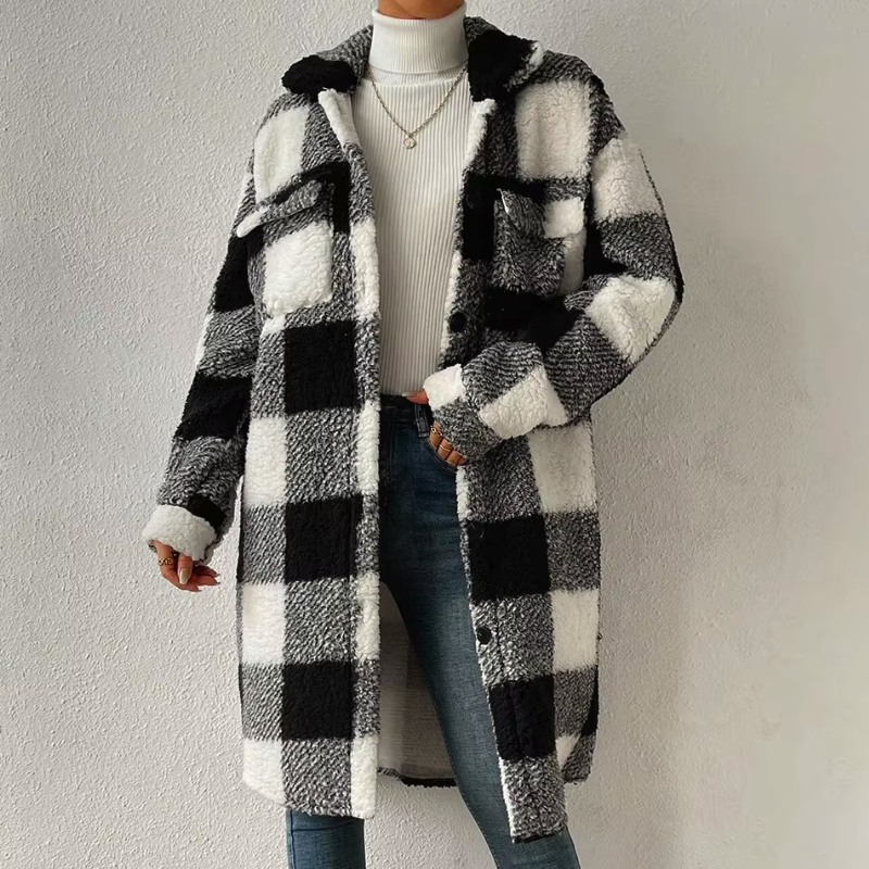 Women's Winter Plaid Coat with A-Line Silhouette and Draped Collar