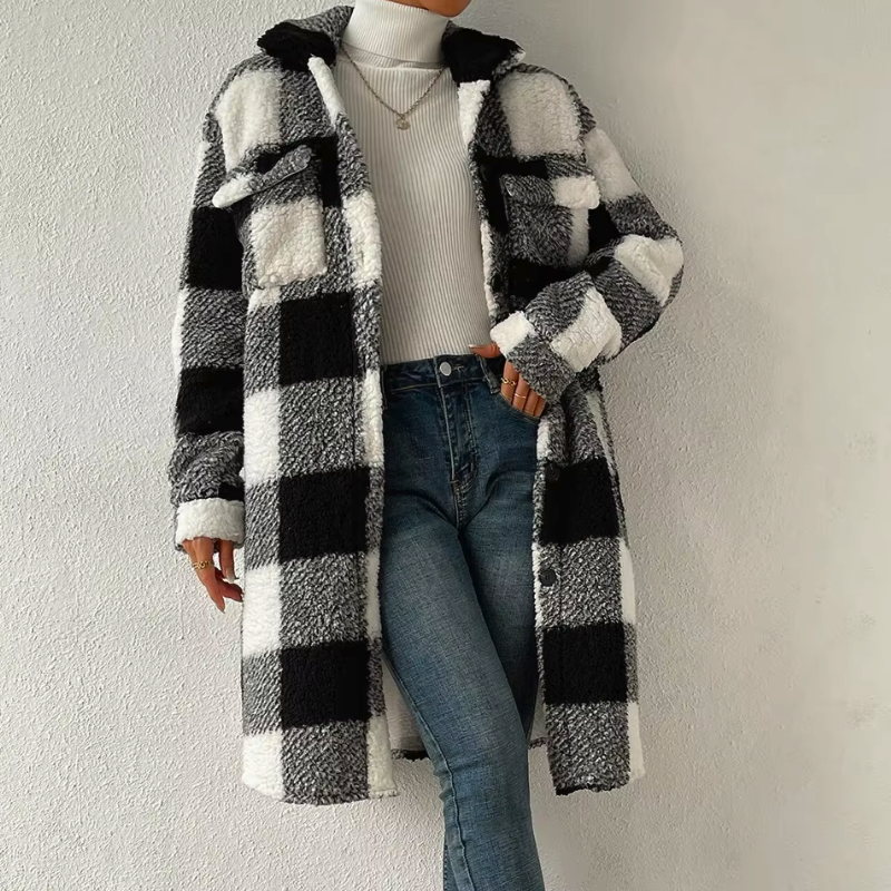 Women's Winter Plaid Coat with A-Line Silhouette and Draped Collar
