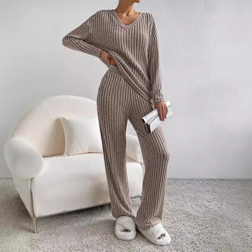 Women's Ribbed V-Neck Sweater and Pants Lounge Set