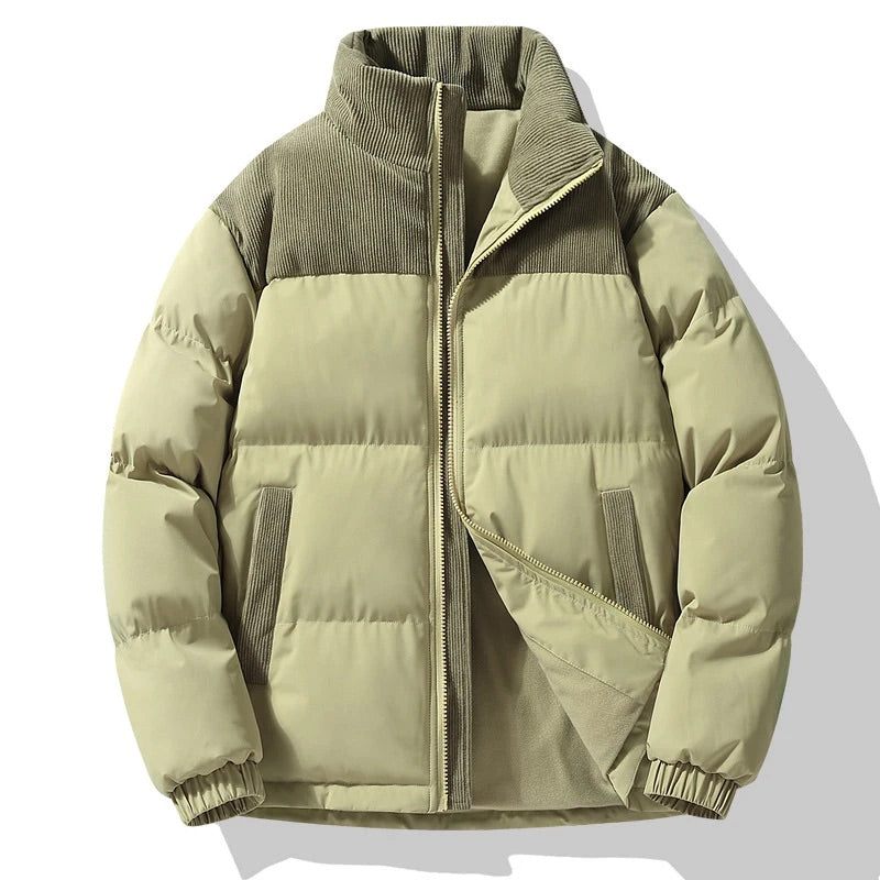 Men's Winter Puffer Jacket with Corduroy Accents and Full-Zip Closure