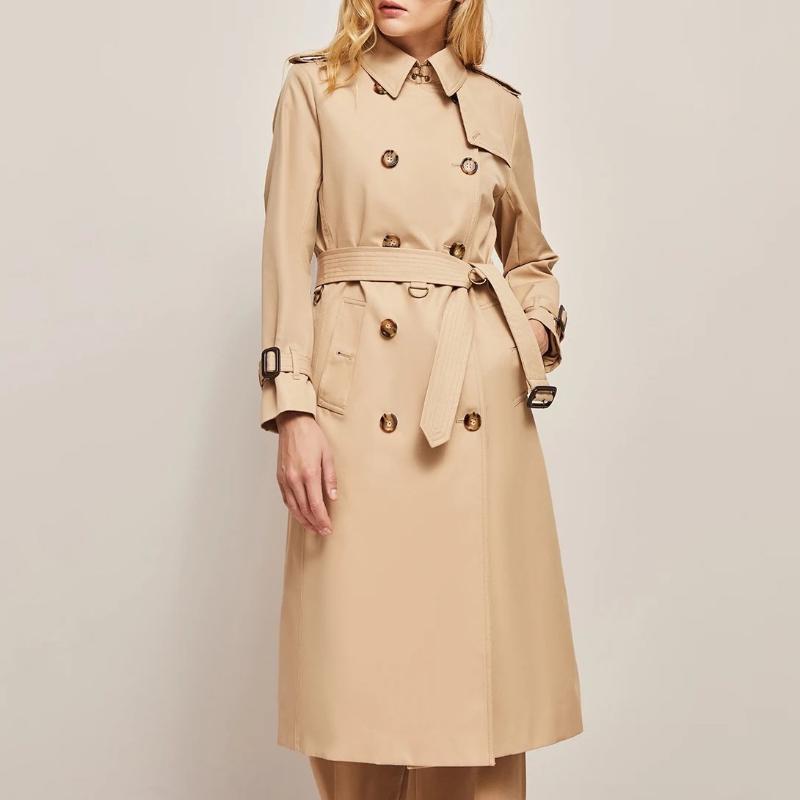 Women's Fall Trench Coat with Adjustable Belt and Walnut Buttons
