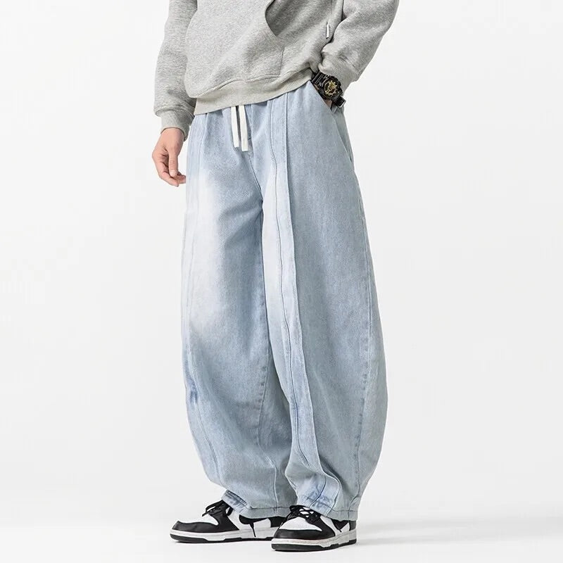 Men Ultra-Baggy Wide-Leg Jeans with Adjustable Drawstring Waist and Acid Wash