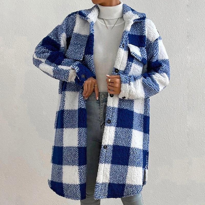 Women's Winter Plaid Coat with A-Line Silhouette and Draped Collar