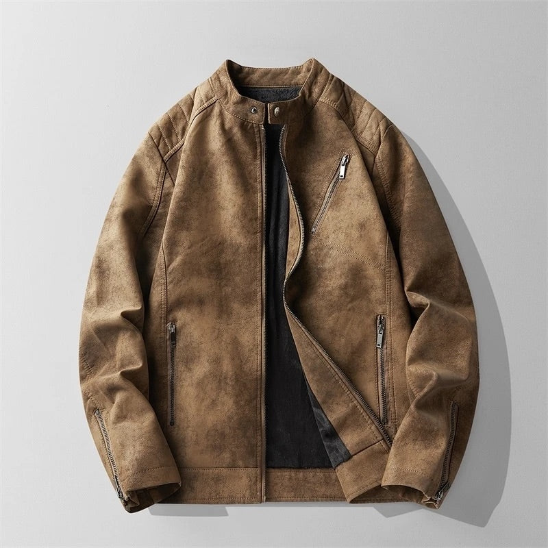 Men's Winter Moto Jacket with Distressed Leather Finish and High-Neck Collar