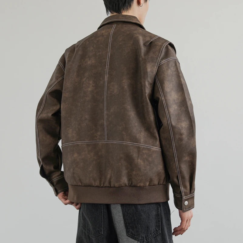 Men's Winter Aviator Jacket in Italian Vegan Leather with Turn-Down Collar