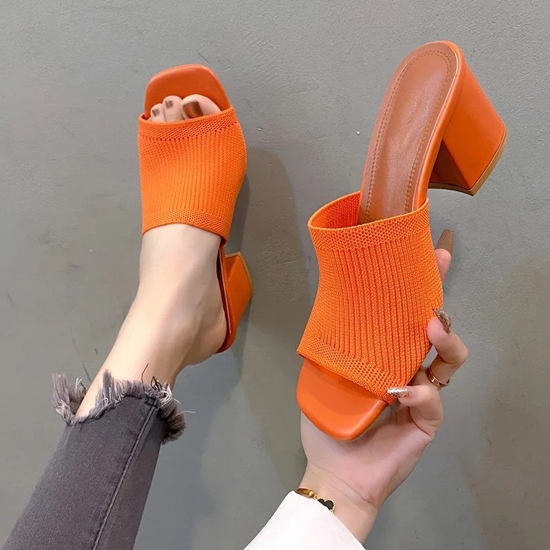 Women's Open-Toe Knit Heels with 3-Inch Block Heel