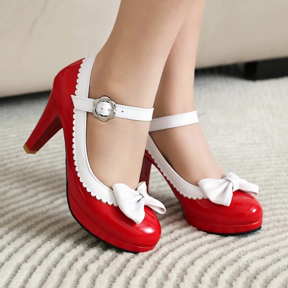 Women Ankle Strap Heels with Bow Accent and Rounded Toe