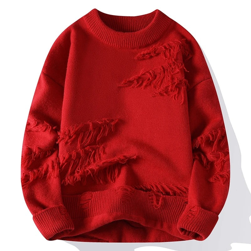 Men Knitted Sweater with Frayed Detailing and Colorblock Pattern