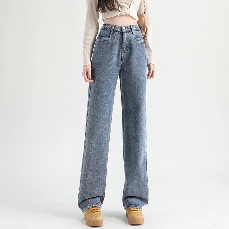 Women High-Rise Wide-Leg Jeans with Straight Silhouette and Lightweight Stretch Denim
