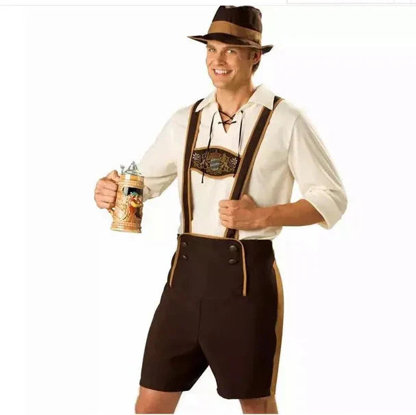 Authentic Men's Oktoberfest Costume with Shirt, Suspenders, and Traditional Bavarian Hat – The Perfect Outfit for Your Celebration Appearance