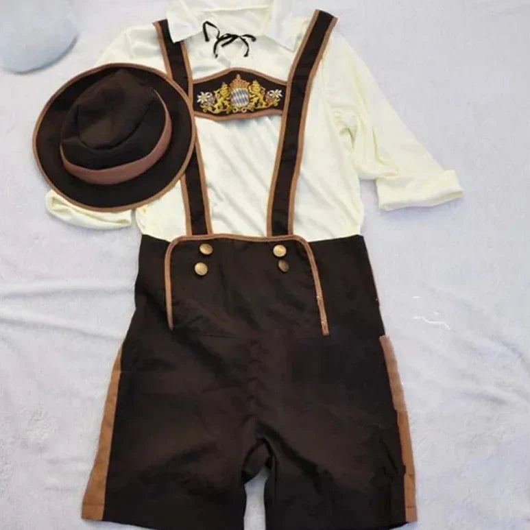 Authentic Men's Oktoberfest Costume with Shirt, Suspenders, and Traditional Bavarian Hat – The Perfect Outfit for Your Celebration Appearance