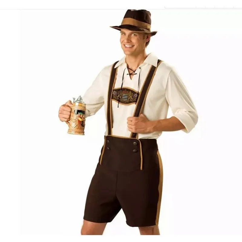 Authentic Men's Oktoberfest Costume with Shirt, Suspenders, and Traditional Bavarian Hat – The Perfect Outfit for Your Celebration Appearance