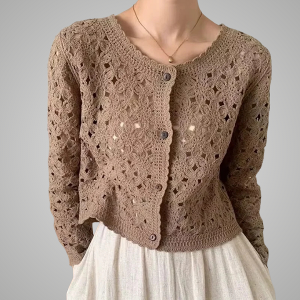 Women Cropped Eyelet Knit Cardigan with Button Front