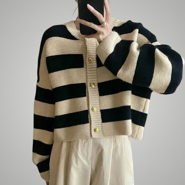 Women Chunky Knit Cropped Cardigan with Wide Stripes and Oversized Buttons