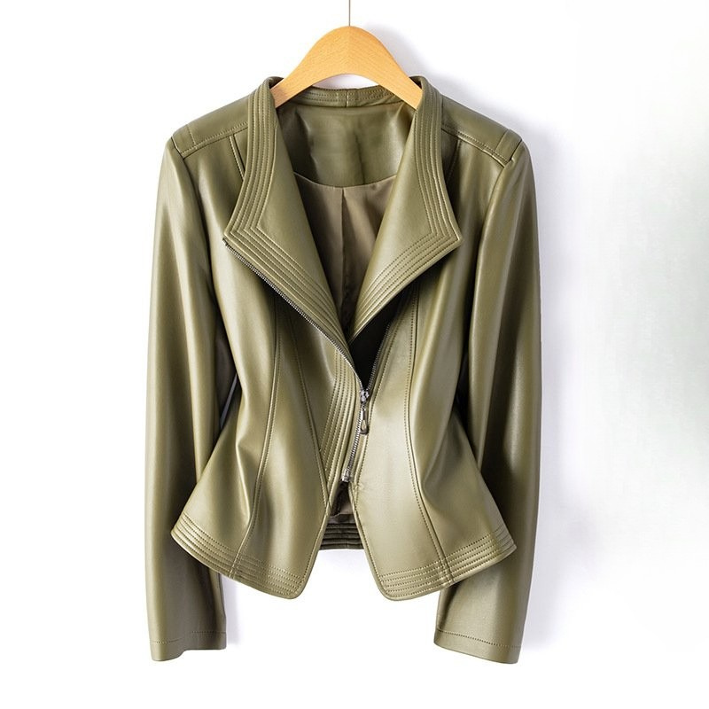 Women's Leather Zip-Front Jacket with Ribbed Lapel and Hand-Stitched Hem