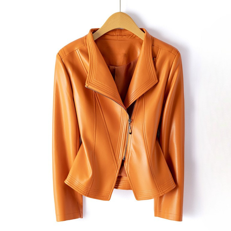Women's Leather Zip-Front Jacket with Ribbed Lapel and Hand-Stitched Hem