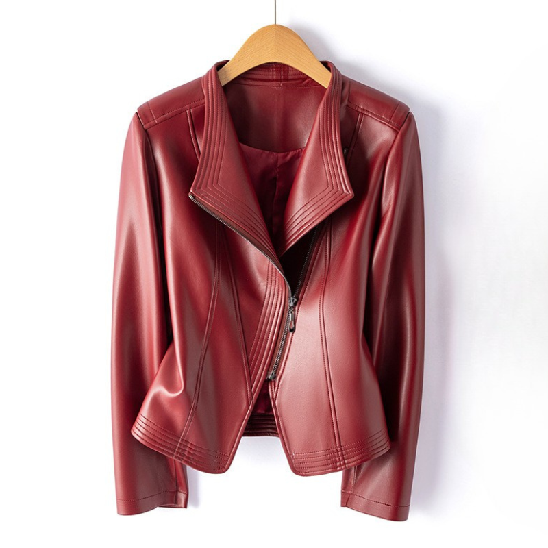 Women's Leather Zip-Front Jacket with Ribbed Lapel and Hand-Stitched Hem