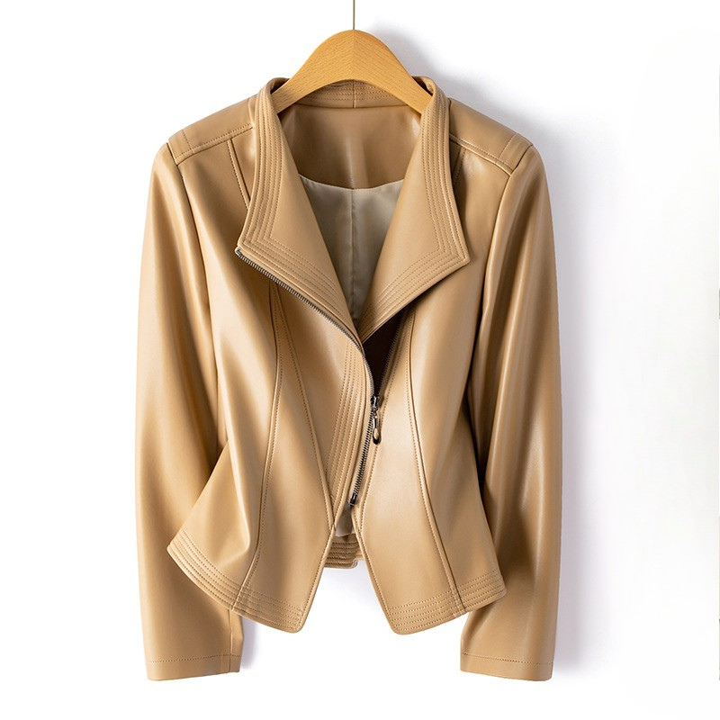 Women's Leather Zip-Front Jacket with Ribbed Lapel and Hand-Stitched Hem