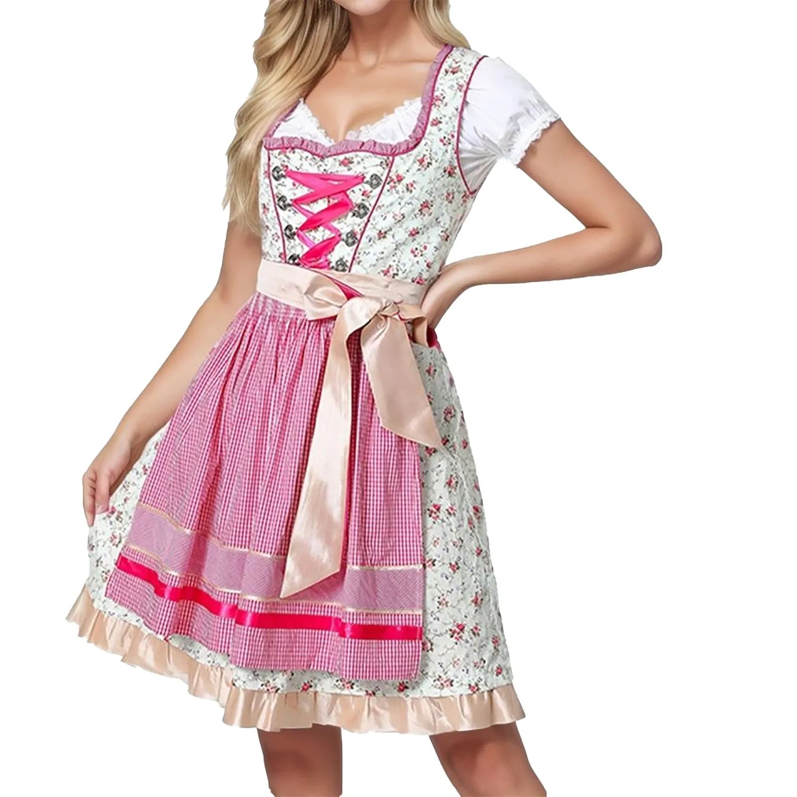 Stylish Women's Oktoberfest Dirndl with Apron, Lovingly Traditional Embroidery, and Elegant Square Neckline