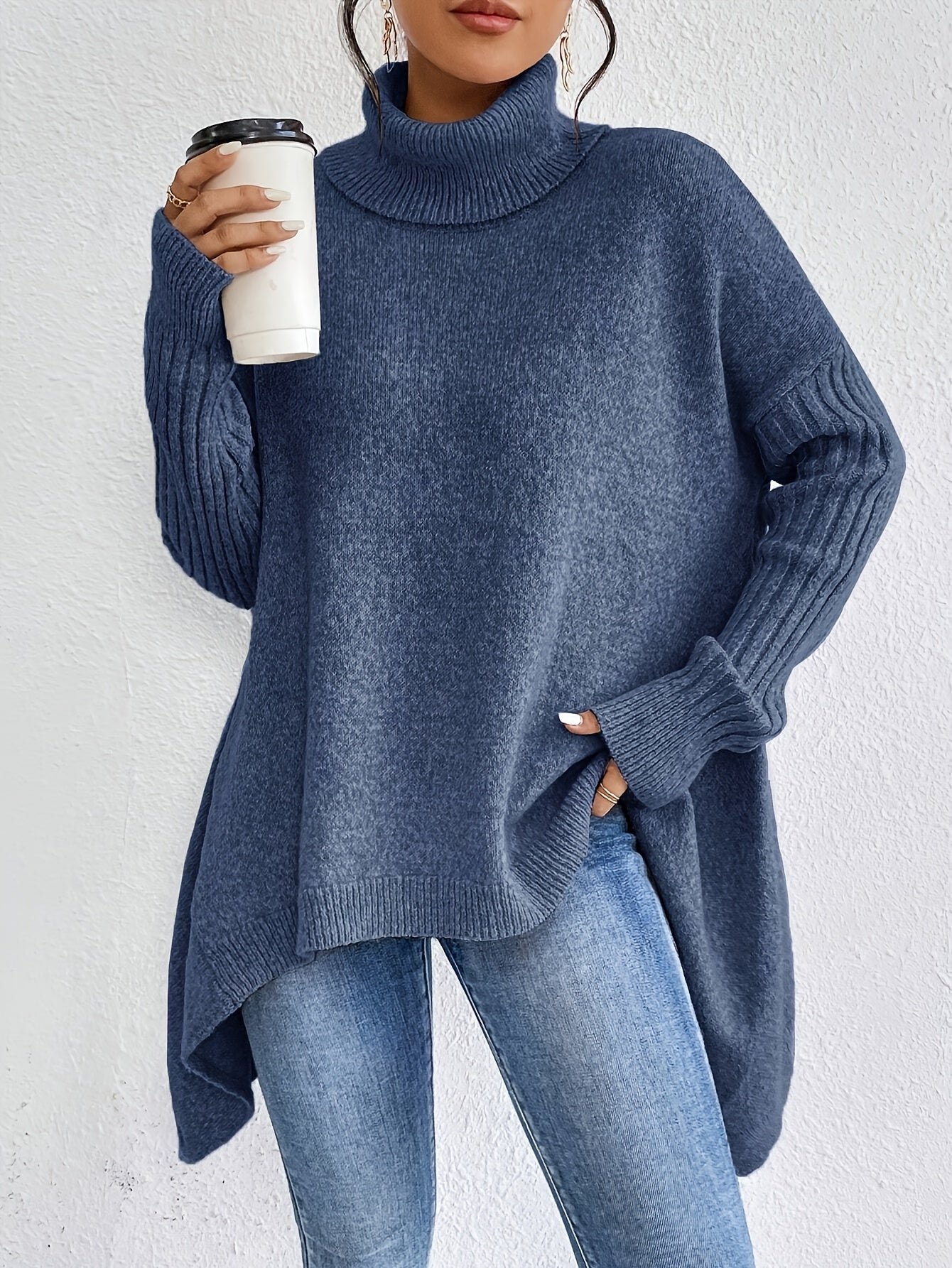 Women High Neck Sweater Asymmetrical Hem Long Sleeve