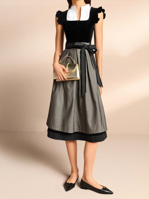 Elegant Women's Knee-Length Dress with Stylish Bow and Lace Details