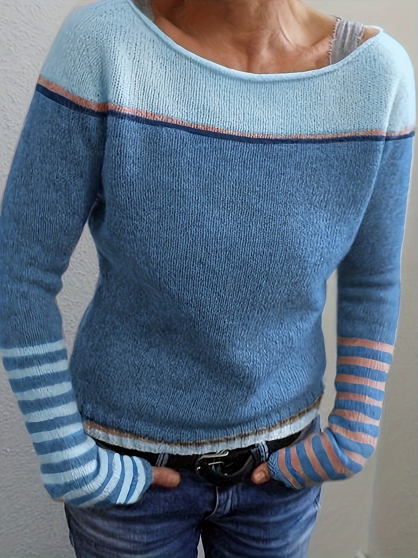 Women Striped Long-Sleeve Relaxed-Fit Sweater
