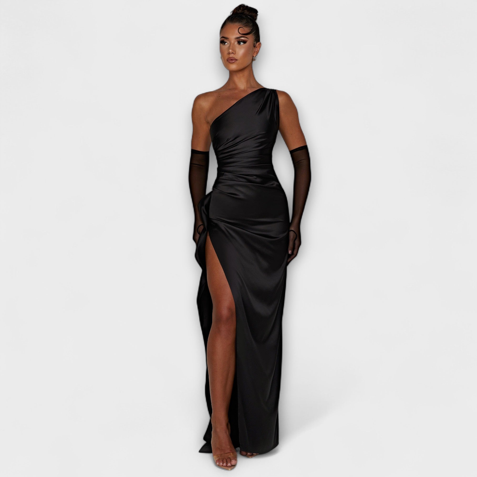 Women One-Shoulder Satin Maxi Dress with Asymmetrical Neckline