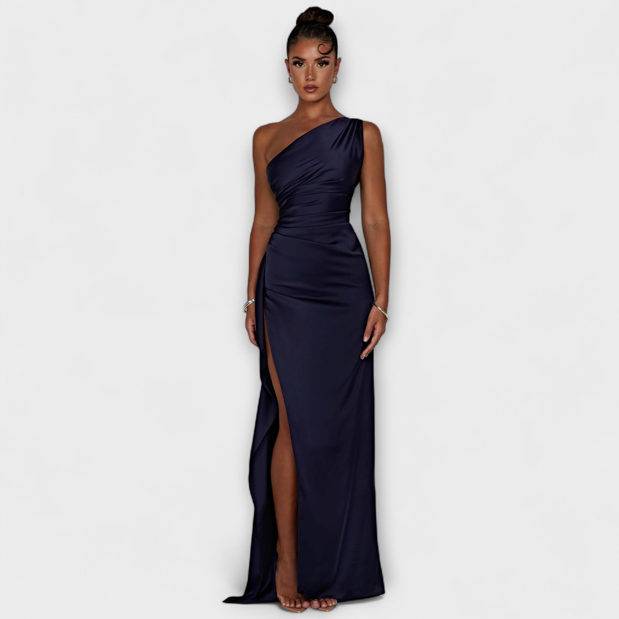 Women One-Shoulder Satin Maxi Dress with Asymmetrical Neckline