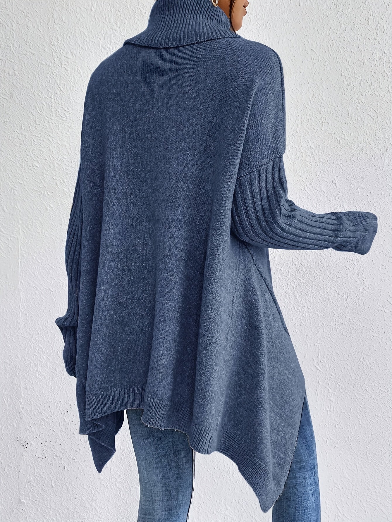 Women High Neck Sweater Asymmetrical Hem Long Sleeve