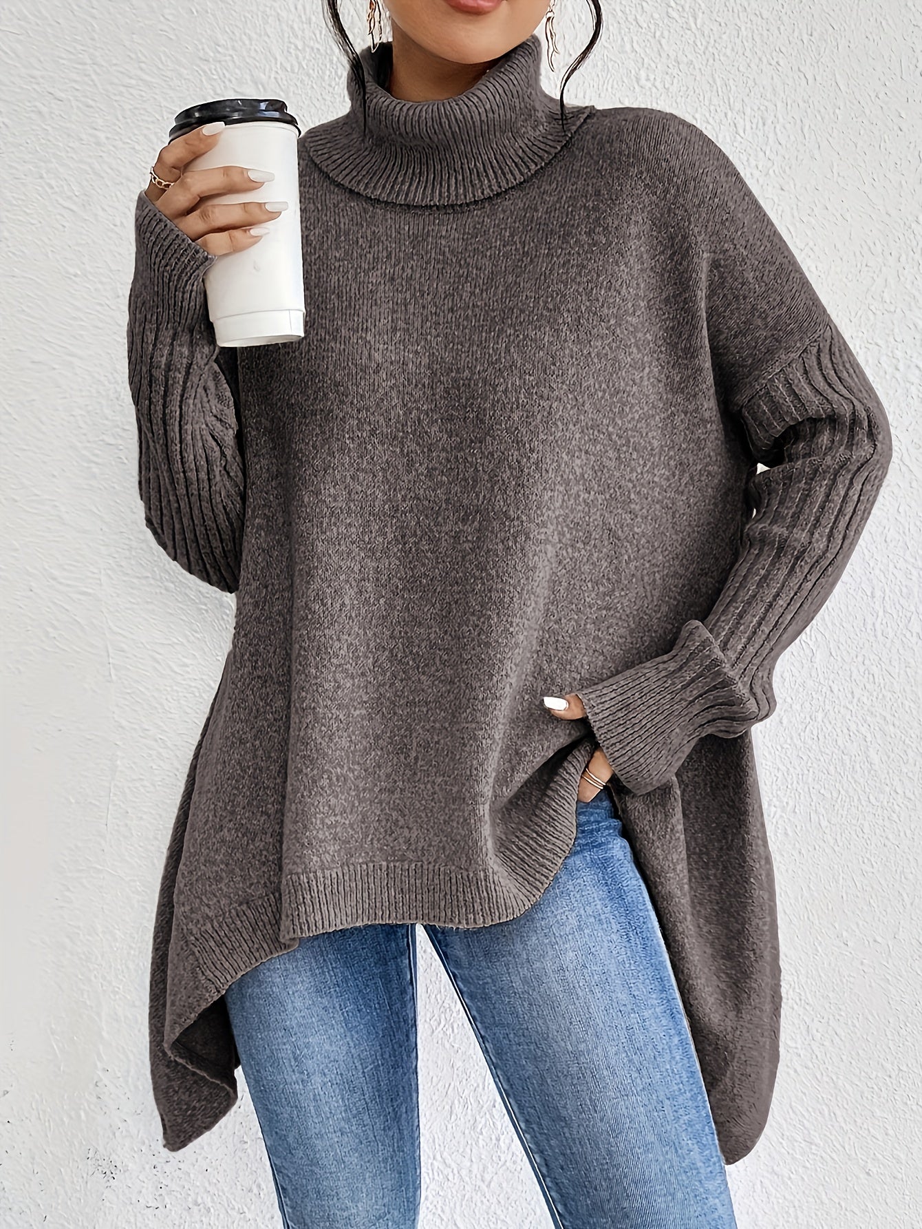 Women High Neck Sweater Asymmetrical Hem Long Sleeve