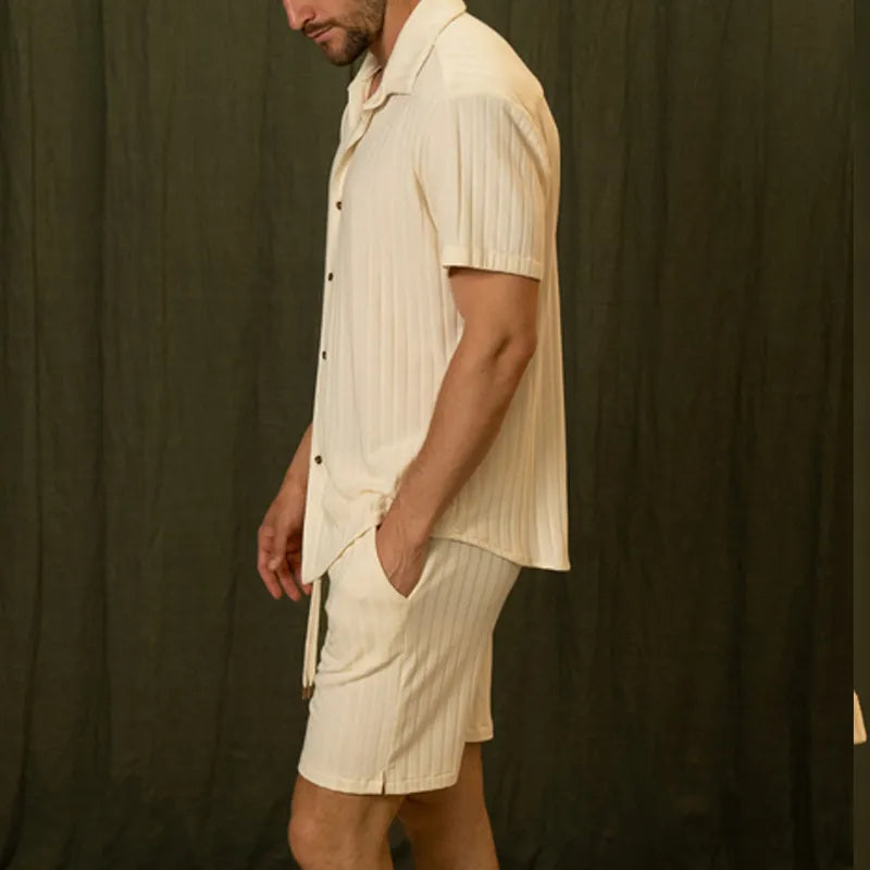 Men's Spring Two-Piece Set Short Sleeve Shirt and Shorts Light Yellow