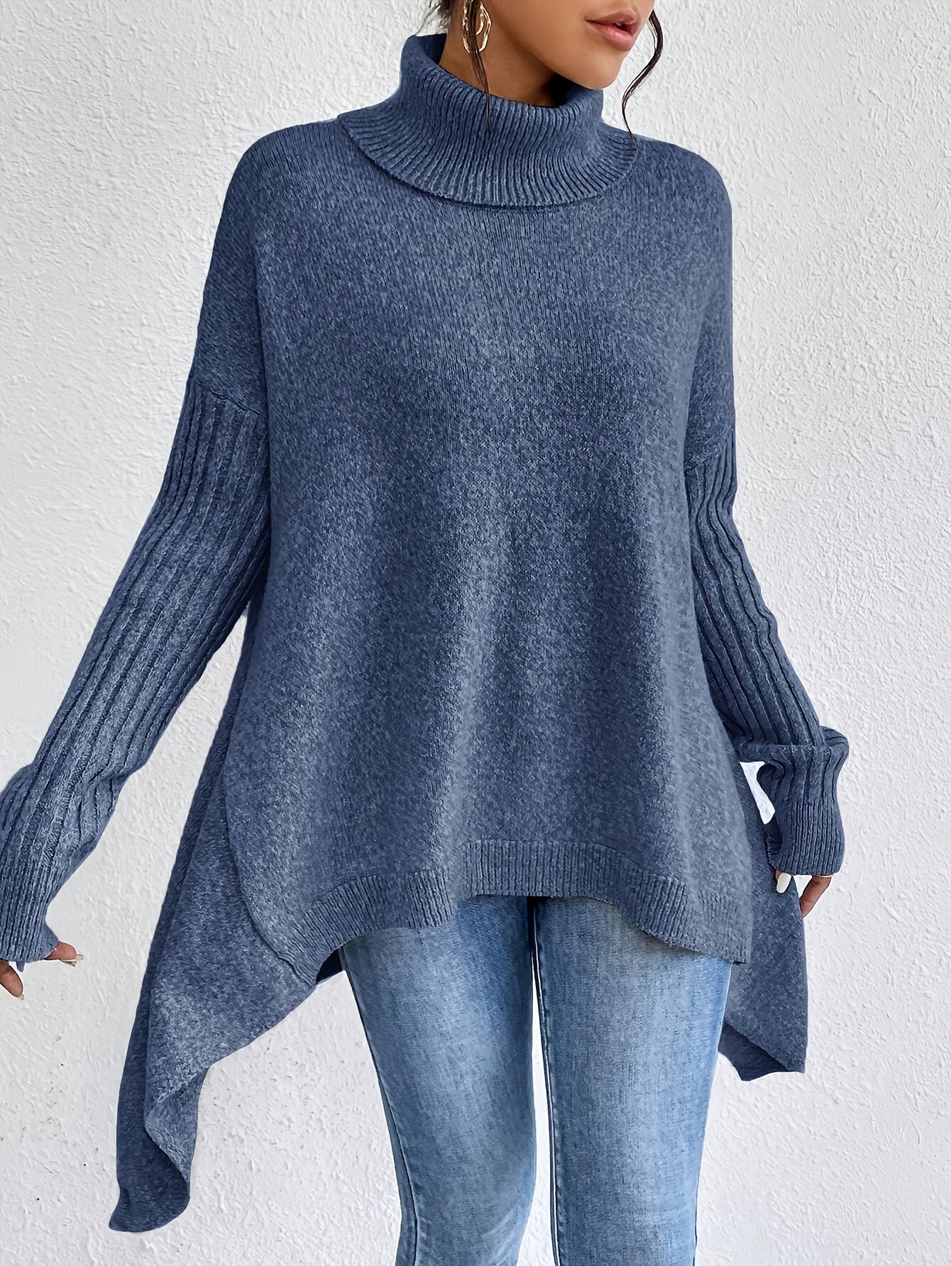 Women High Neck Sweater Asymmetrical Hem Long Sleeve