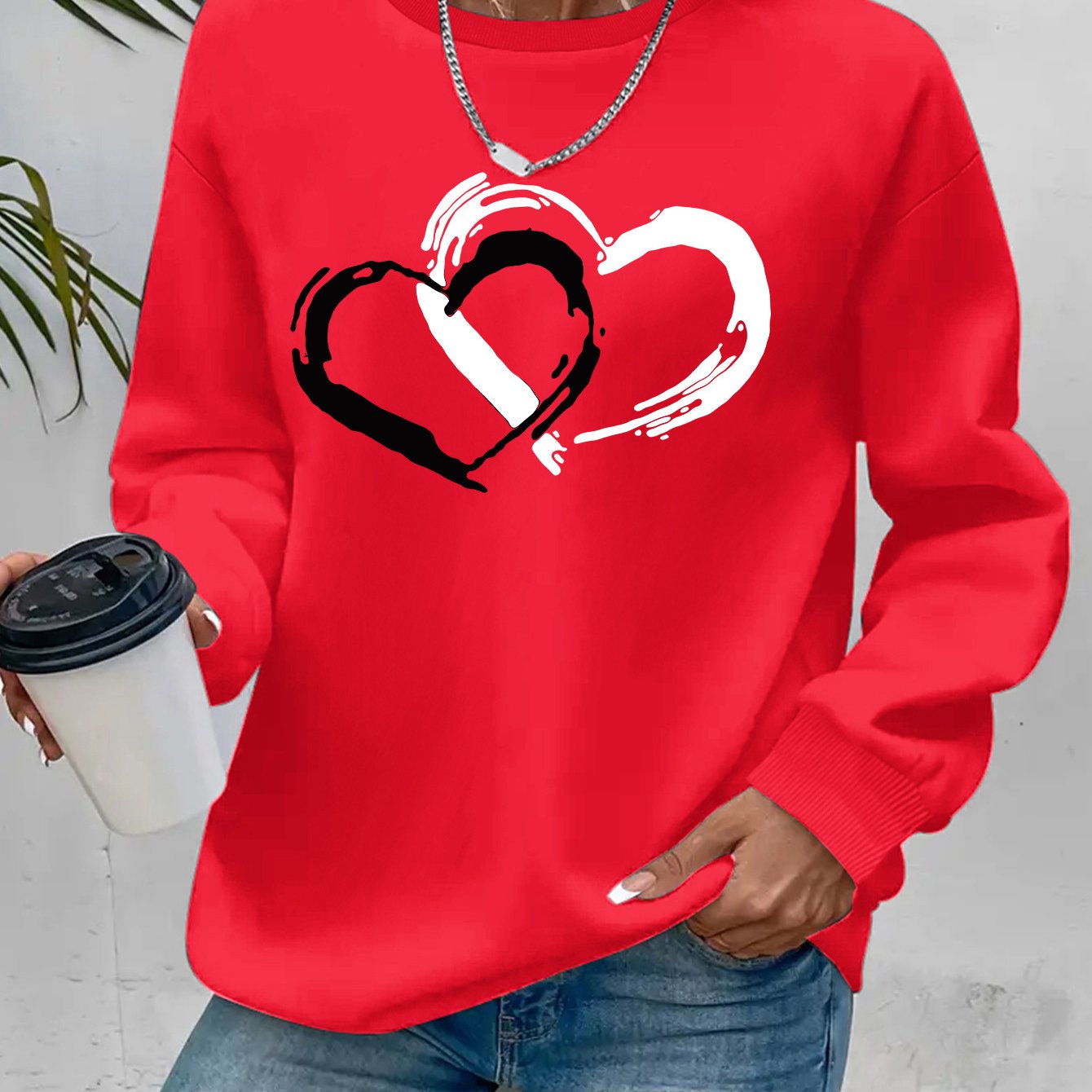 Women Sweater with Heart Motif and Relaxed Fit