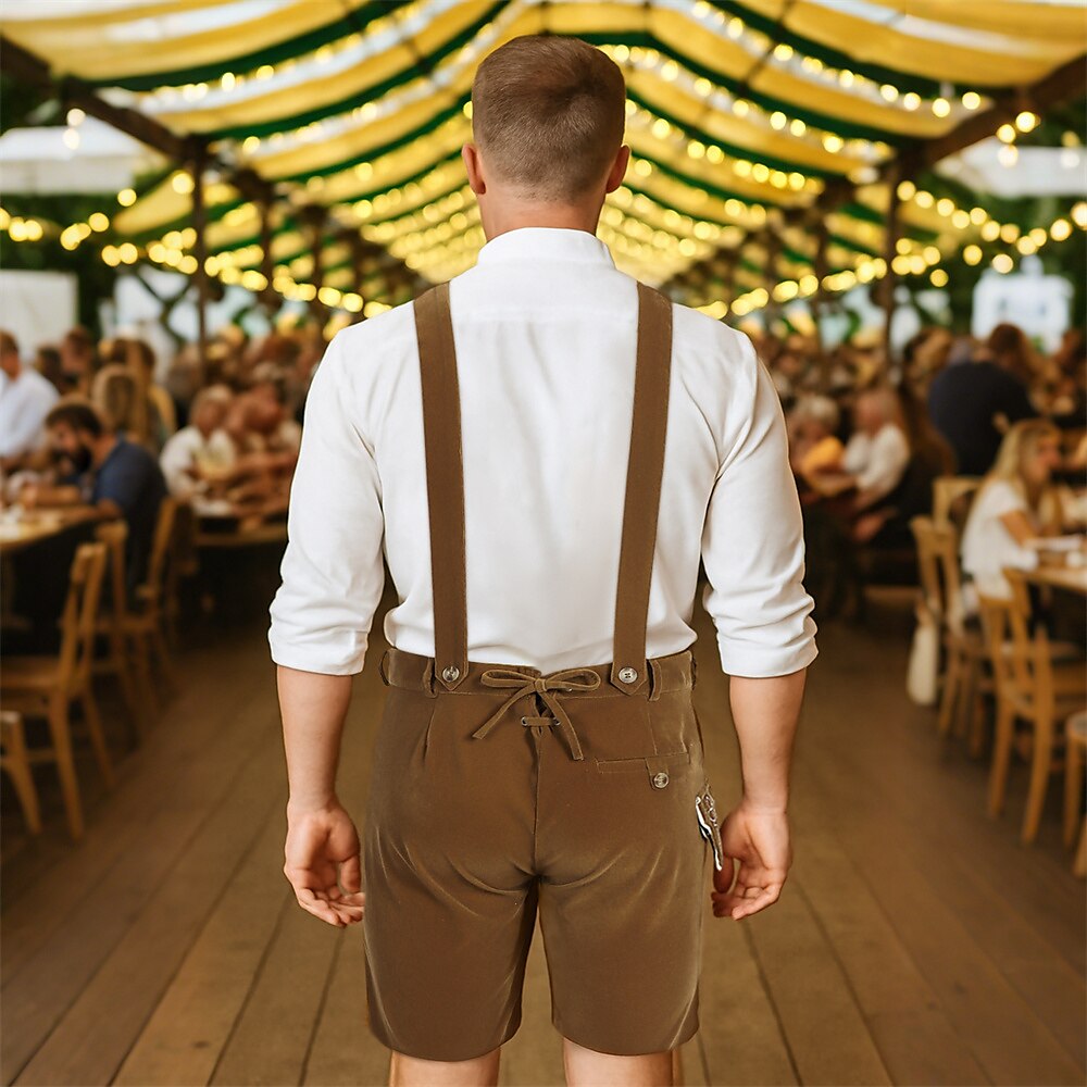 Elegant men's Oktoberfest leather trousers with intricate embroidery, comfortable suspenders, and practical side pockets for the perfect festival appearance