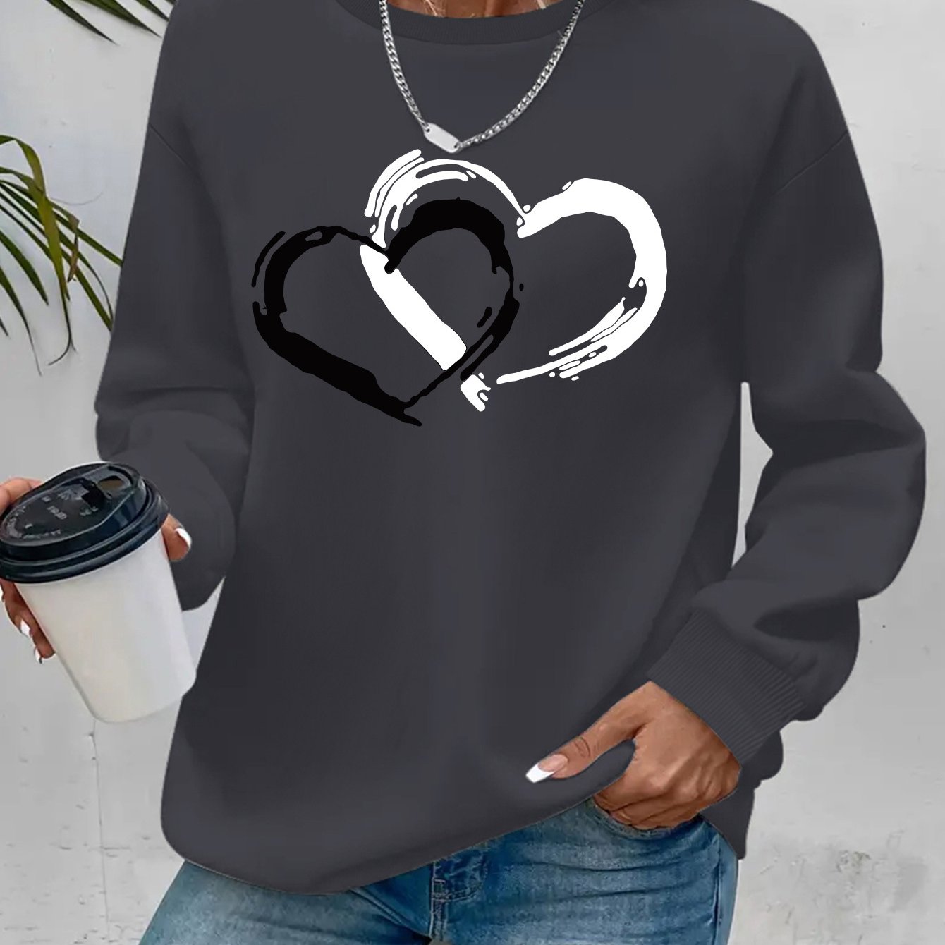 Women Sweater with Heart Motif and Relaxed Fit