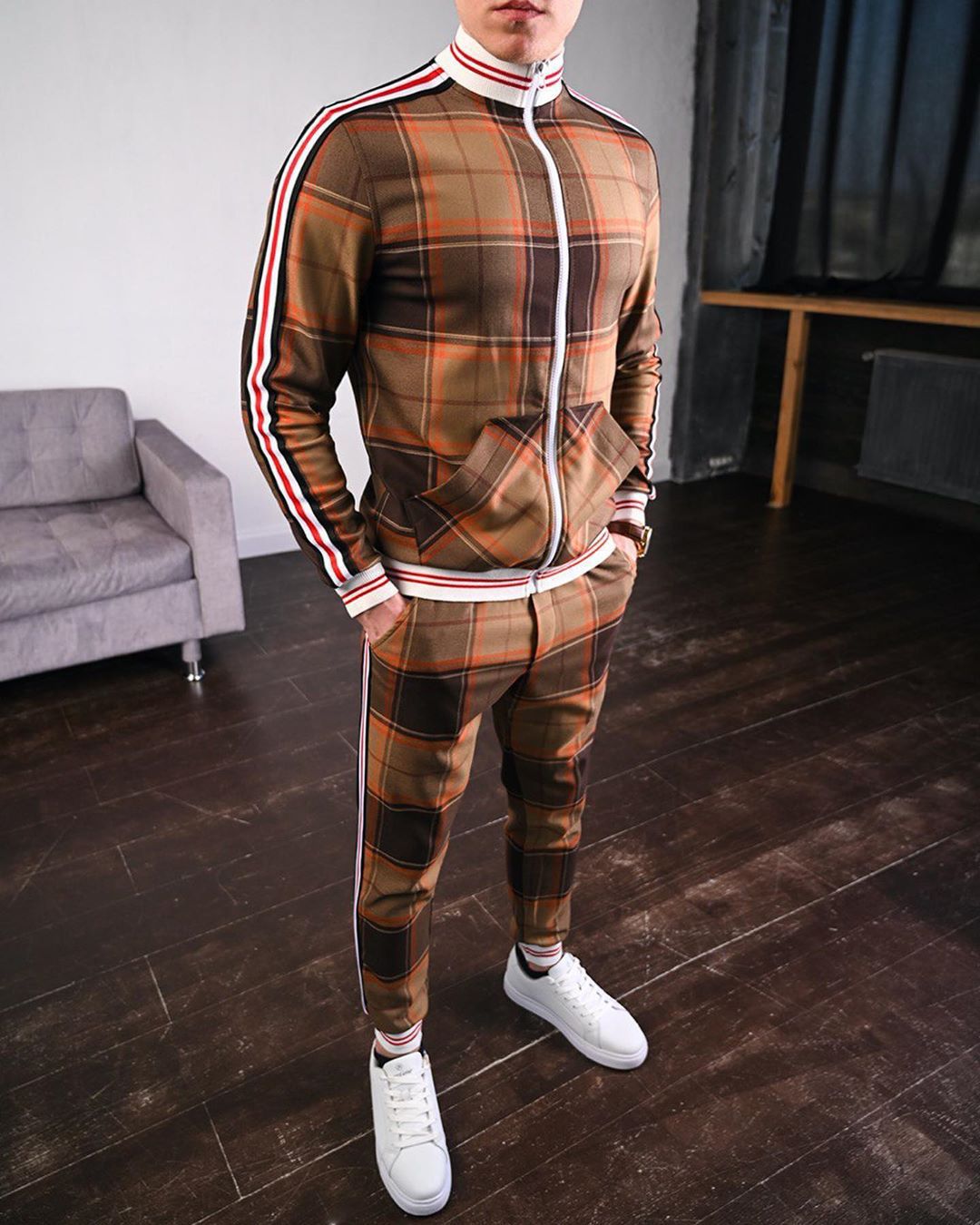 Men Sportswear Set Plus Size Two-Piece Lapel Collar Long Sleeve