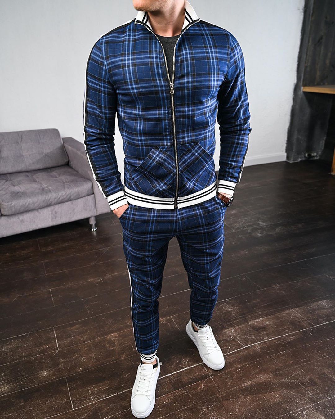 Men Sportswear Set Plus Size Two-Piece Lapel Collar Long Sleeve