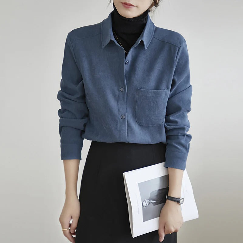 Women Autumn Corduroy Shirt with Bandage Front and Long Sleeves