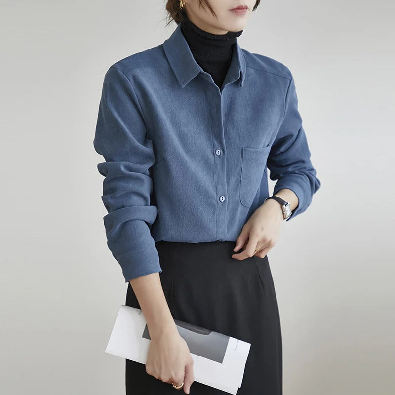 Women Autumn Corduroy Shirt with Bandage Front and Long Sleeves